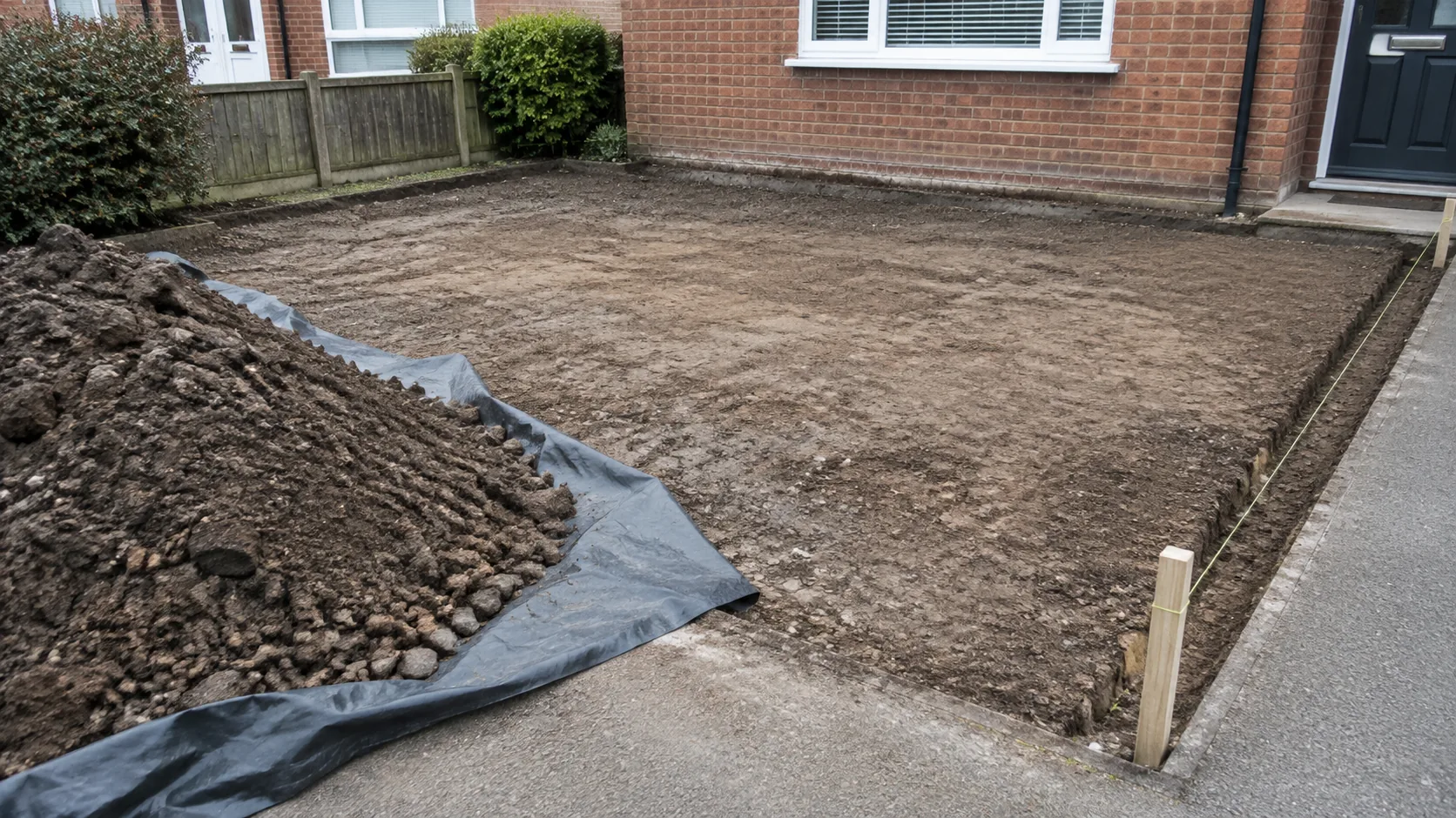 Driveway footprint stripped back to bare subsoil with a string line at the boundary