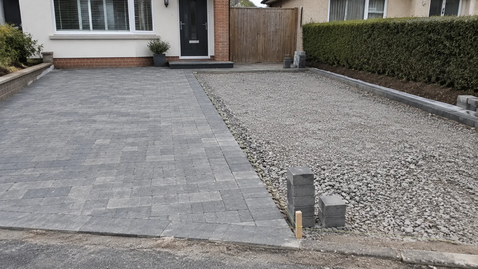 Front garden mid-installation with one half paved and the other open sub-base