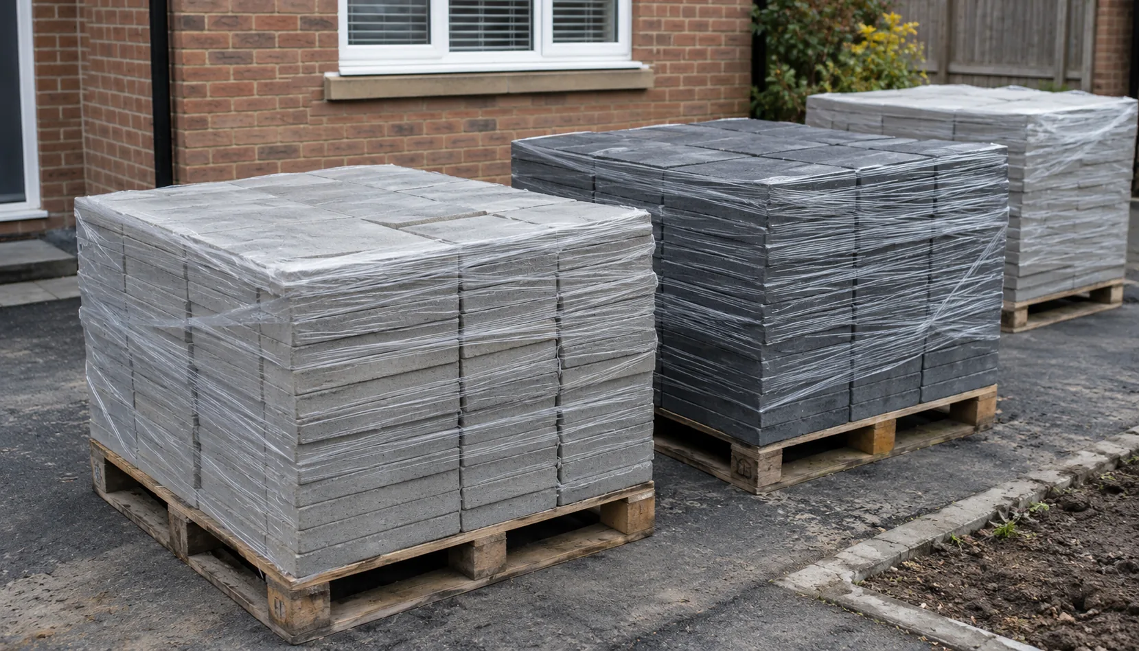 Stacked pallets of paving blocks on a driveway ready for laying